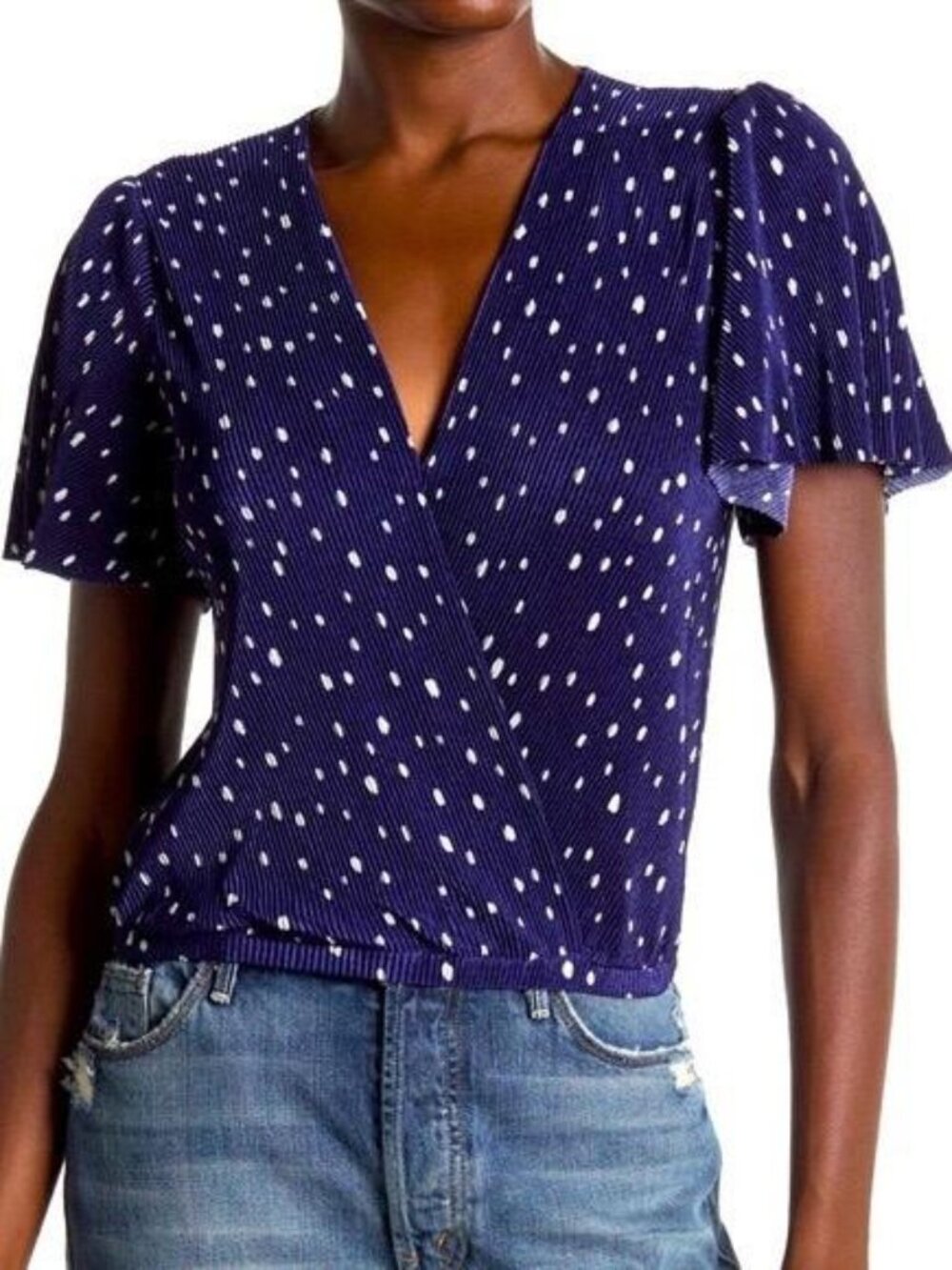 NWT ASTR the Label Navy Polka Dot Plissé Wrap Blouse - X-Small (New)